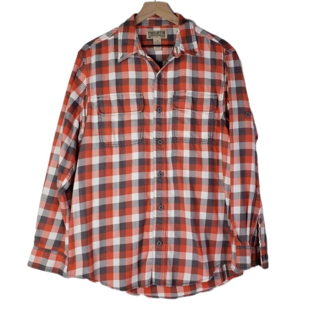 Duluth Trading Co Plaid Check Flannel Button Front Shirt Men's M Grey Orange